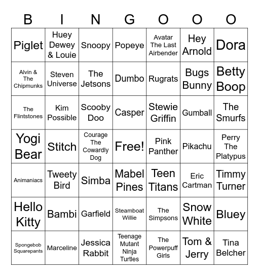 Cartoon Bingo Card