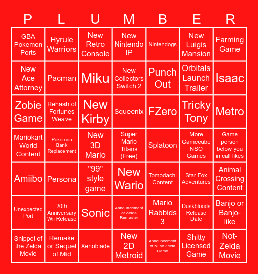 Nintendar Bingo Card