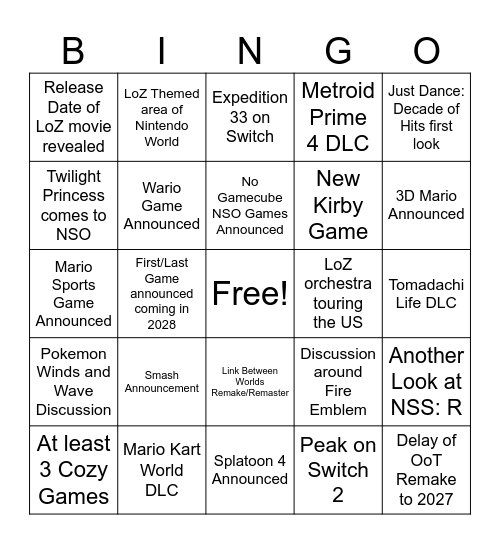 Nintendo Direct BIngo Card