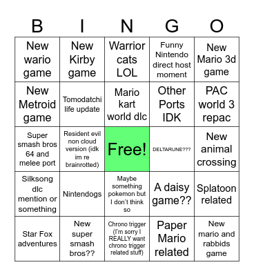 Nintendo direct bingooooo Bingo Card