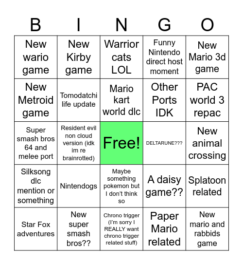 Nintendo direct bingooooo Bingo Card