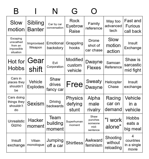 hobbs n shaw Bingo Card