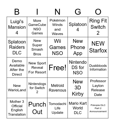 Nintendo Direct 9.9.2026 Bingo Card