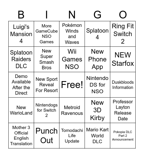Nintendo Direct 9.9.2026 Bingo Card