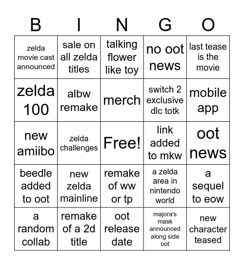 TLOZ 40th anniversary Direct Bingo Card