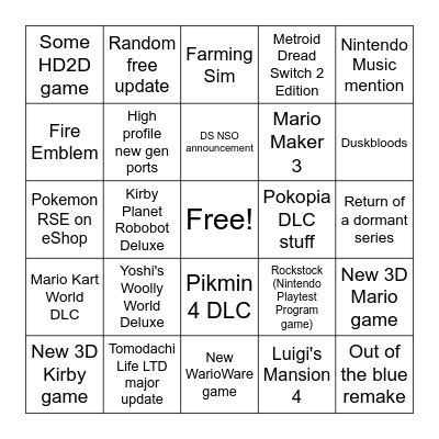 Nintendo Direct September 9th 2026 Bingo Card