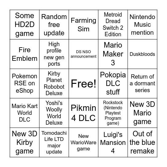 Nintendo Direct September 9th 2026 Bingo Card