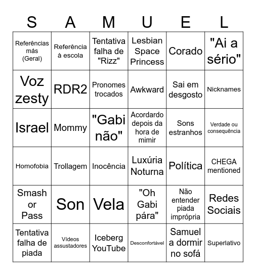 Samuel Sleepover Bingo Card