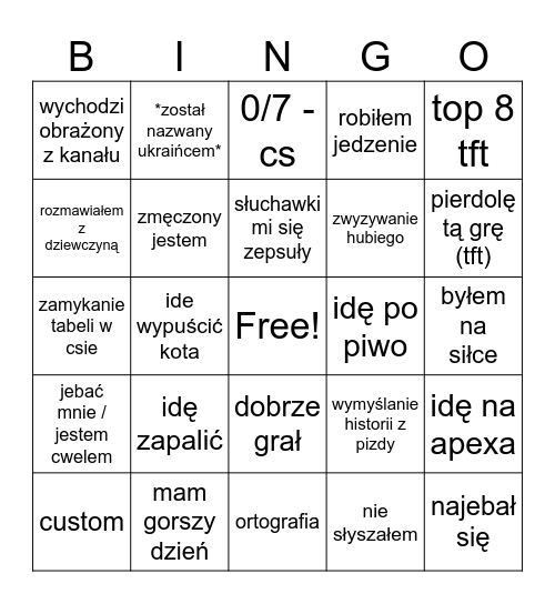 sizex Bingo Card