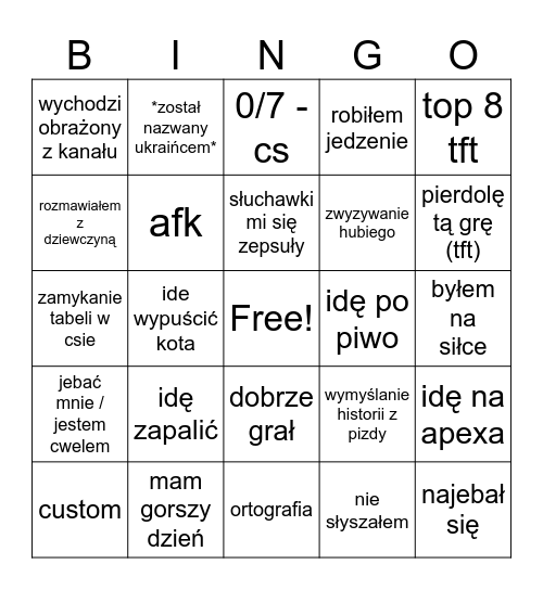 sizex Bingo Card