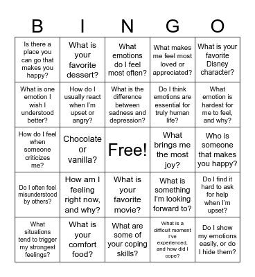 Managing Emotions Bingo Card