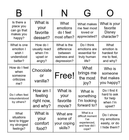 Managing Emotions Bingo Card