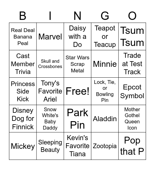 Disney Pin Bingo Card