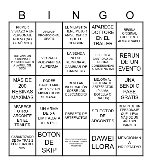 BINGO IMPOSIBLE ANIVERSARIO 2026 GENSHIN IMPACT Bingo Card