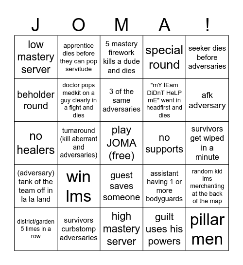 the amazing specimens of JOMA Bingo Card