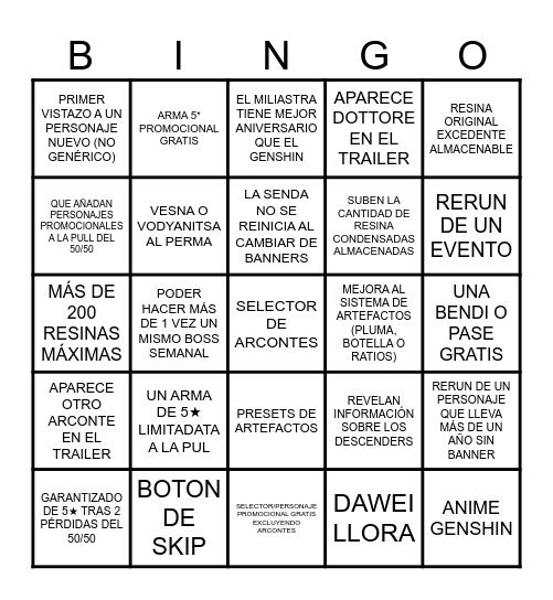 BINGO IMPOSIBLE ANIVERSARIO 2026 GENSHIN IMPACT Bingo Card
