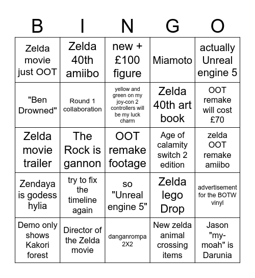 Zelda Direct 9/9/22 Bingo Card