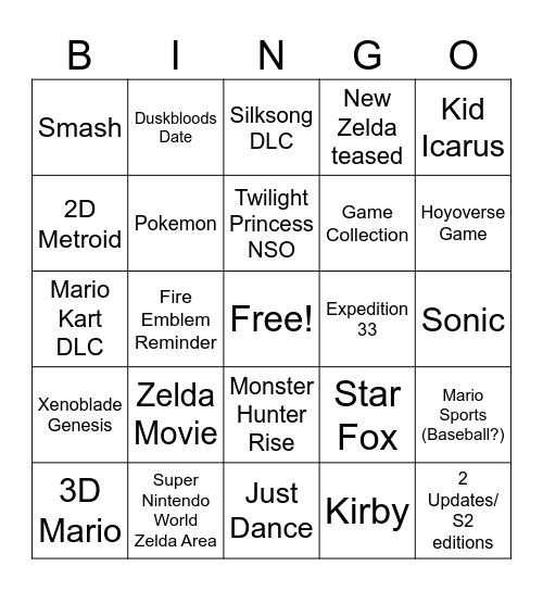 Double Nintendo Direct 2026 Bingo Card