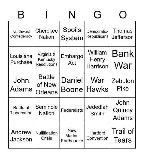 Early Republic Bingo Card