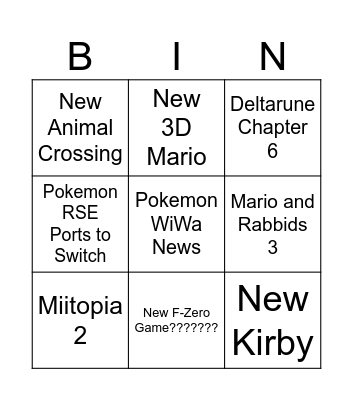 Nintendo Direct Crack Wishlist Bingo Card