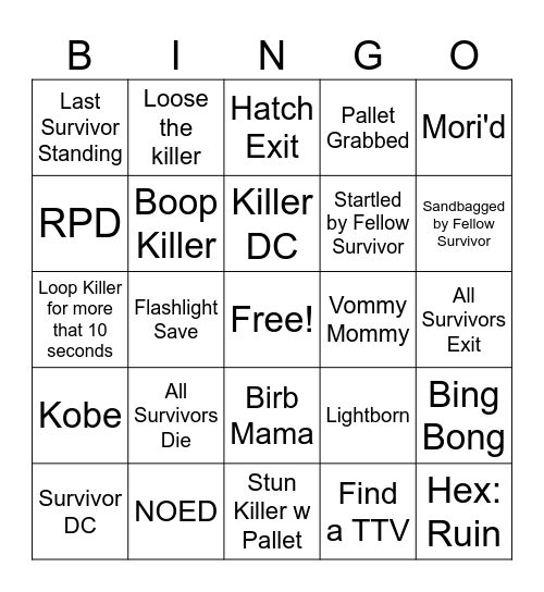 Dead by Daylight Bingo Card