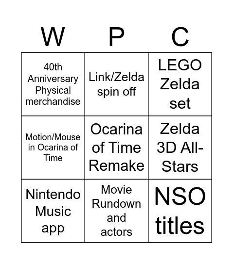 Zelda Direct Bingo Card