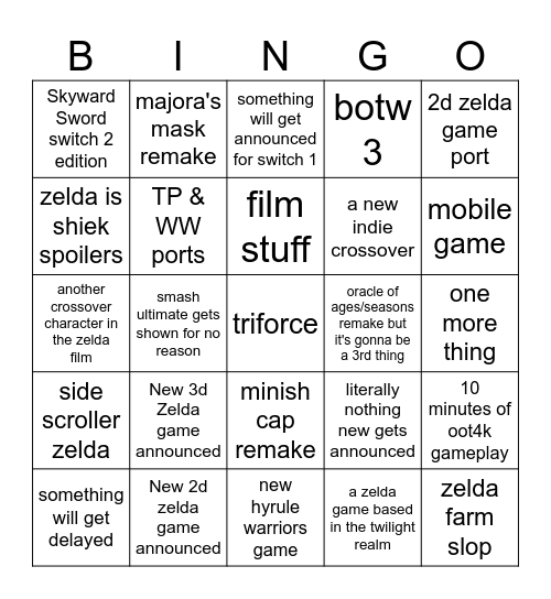 Zelda Direct Bingo Card