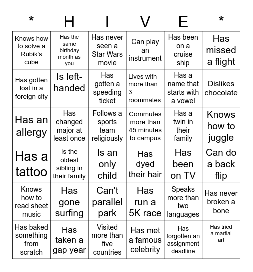 HIVE 12 Welcome Day Bingo Card
