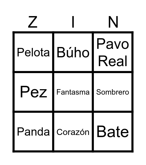 Spanish Zingo Board Bingo Card