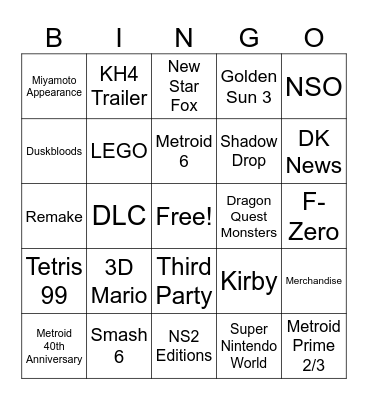 Nintendo Direct 9.9.26 Predictions Bingo Card