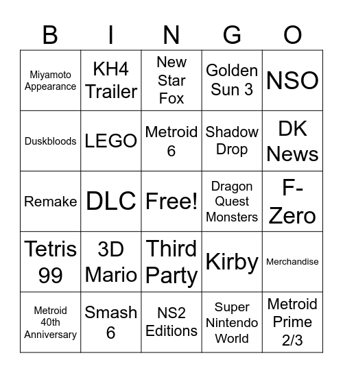 Nintendo Direct 9.9.26 Predictions Bingo Card