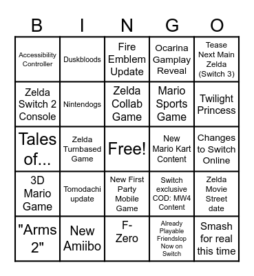 Nintendo + Zelda Direct Bingo Card