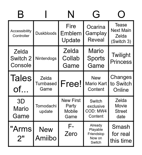 Nintendo + Zelda Direct Bingo Card