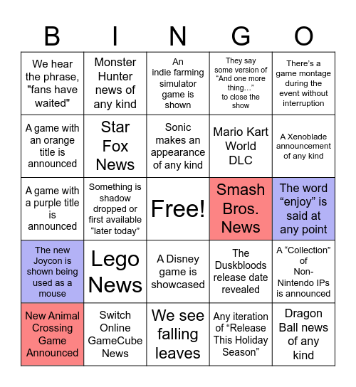 September 9th Direct Bingo Card