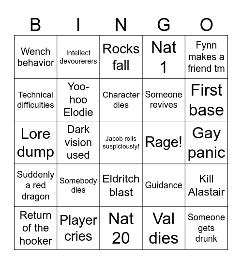 Hookers and Holes Bingo Card