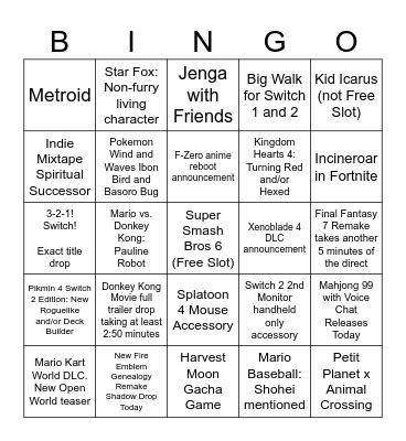 9/9 Nintendo Direct Bingo Card