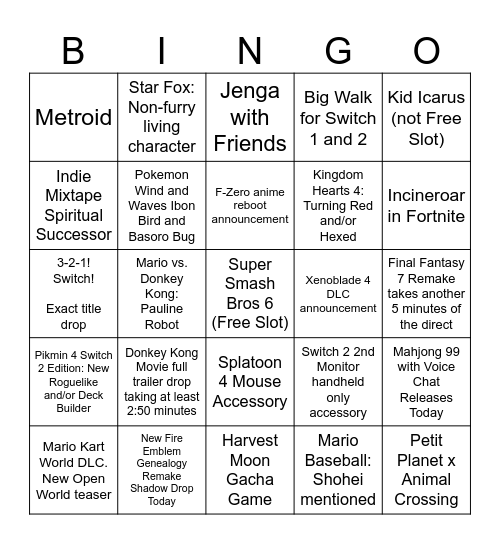 9/9 Nintendo Direct Bingo Card