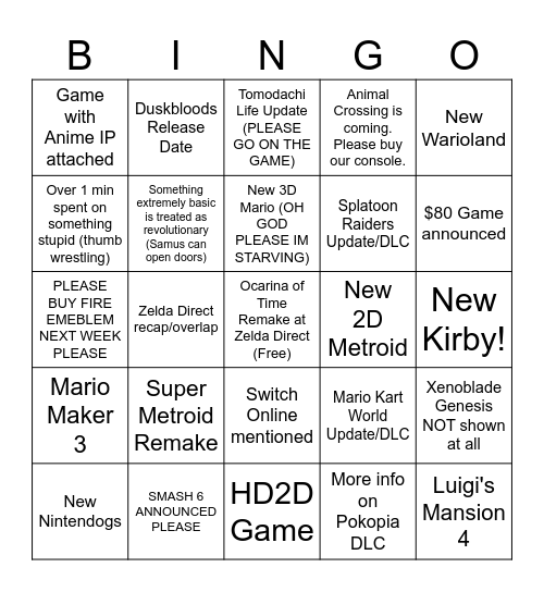 Nintendo Direct 9/9 - Max Bingo Card