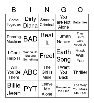 Michael Jackson Bingo Card