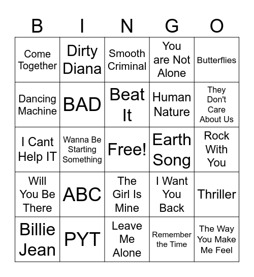 Michael Jackson Bingo Card