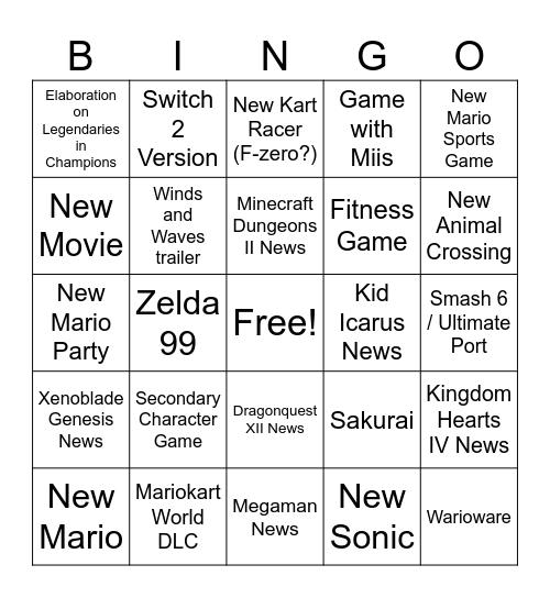 Nintendo Bingo Card