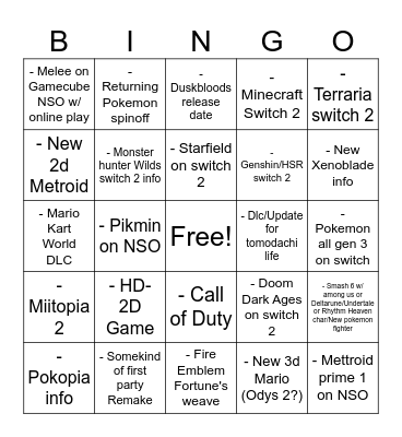 Nintendo Direct Bingo Card