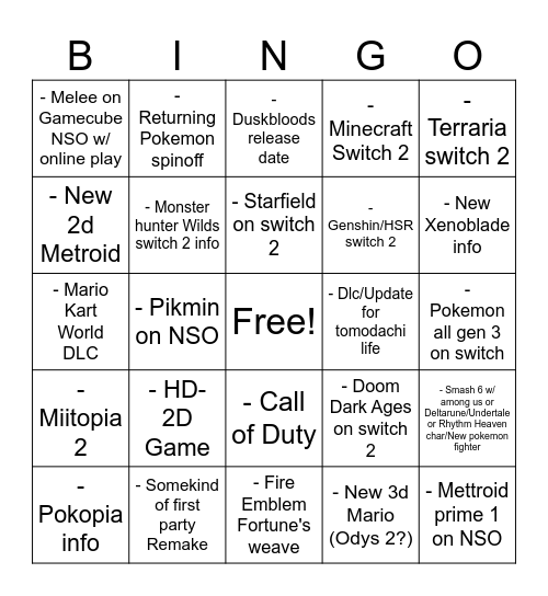 Nintendo Direct Bingo Card