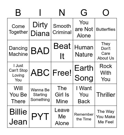 Michael Jackson Bingo Card