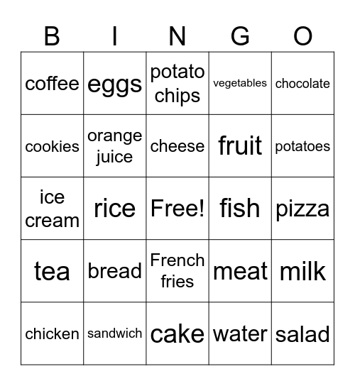 Basic 1 Food and Drinks Bingo Card