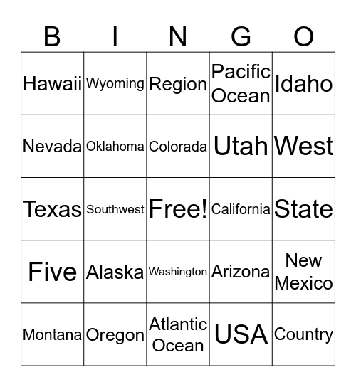 West and Southwest States Bingo Card