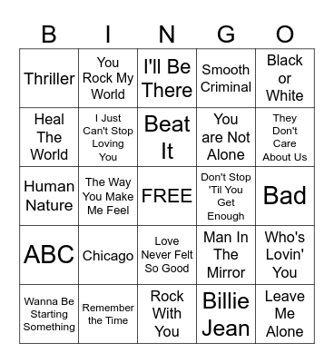 Michael Jackson Bingo Card