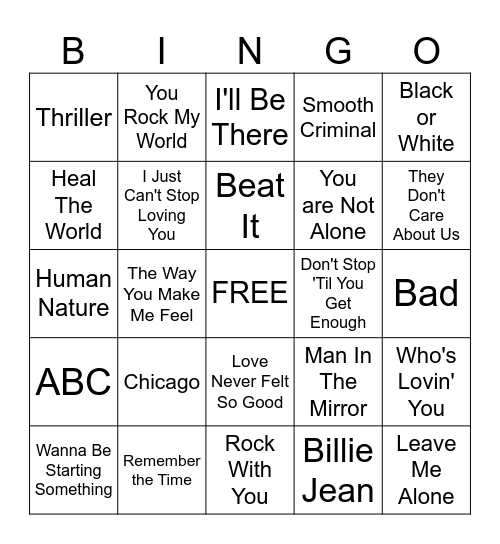 Michael Jackson Bingo Card