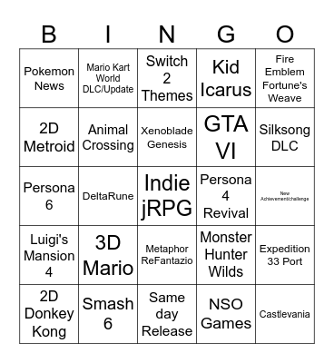 Nintendo Direct Bingo Card