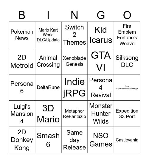 Nintendo Direct Bingo Card